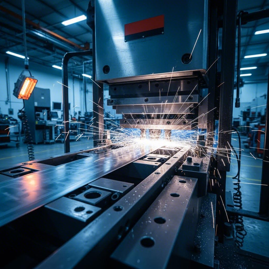 progressive metal stamping press transforming sheet metal through multiple die stations