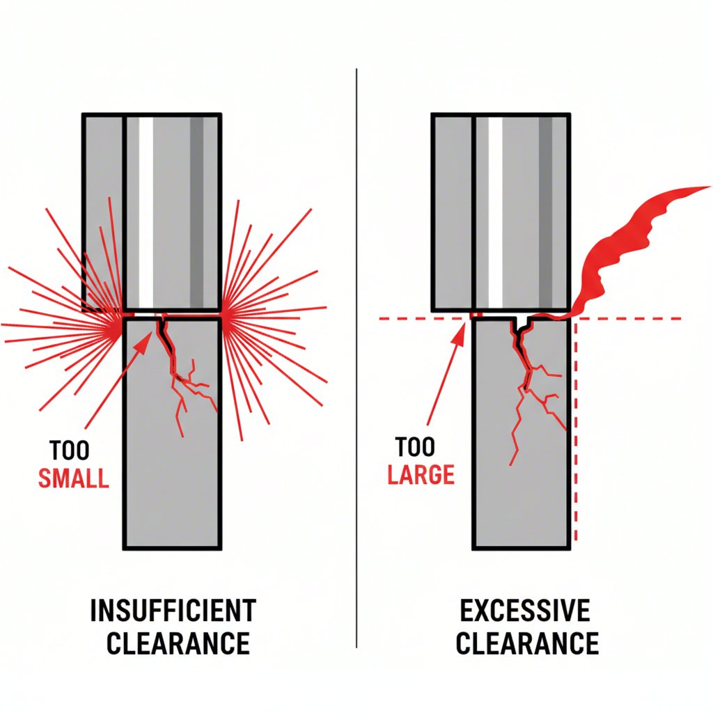 schematic showing the effects of incorrect punch and die clearance on sheet metal quality