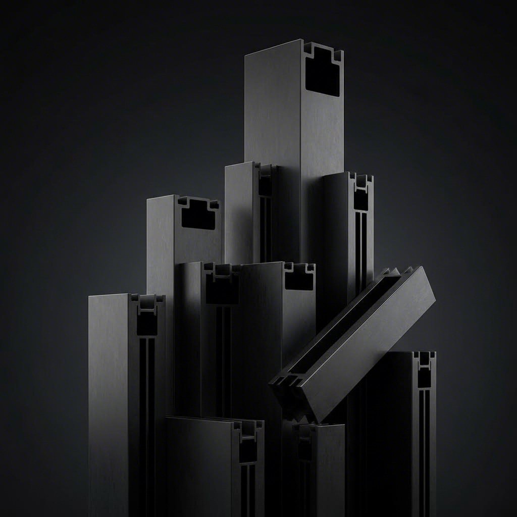black anodized aluminum extrusion profiles showcasing various t slot sizes and configurations