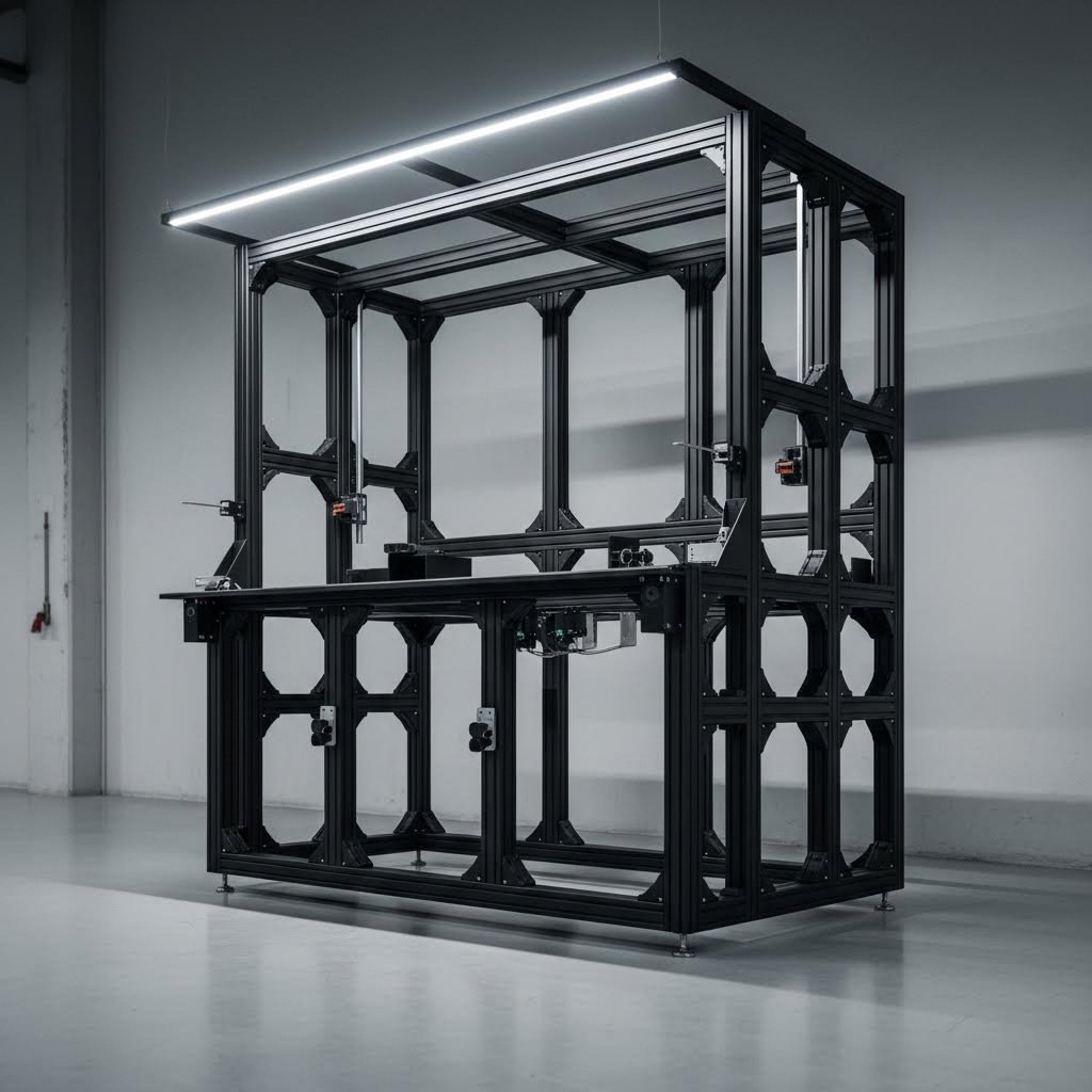 industrial workstation built with black anodized aluminum modular framing system