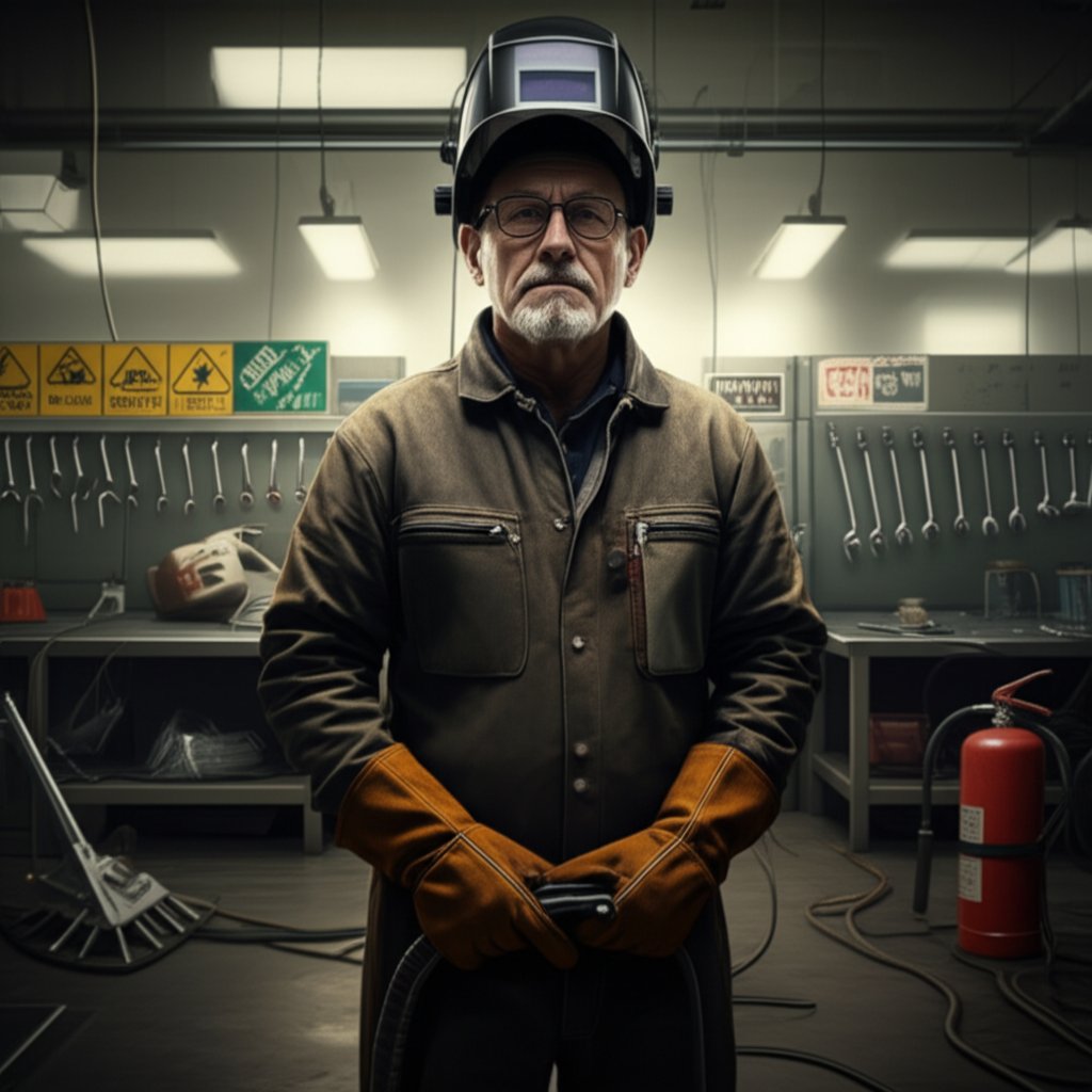 aluminum welder wearing full ppe in a safe ventilated workspace
