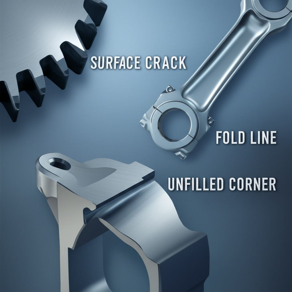 infographic displaying common forging defects surface cracks folds and underfill