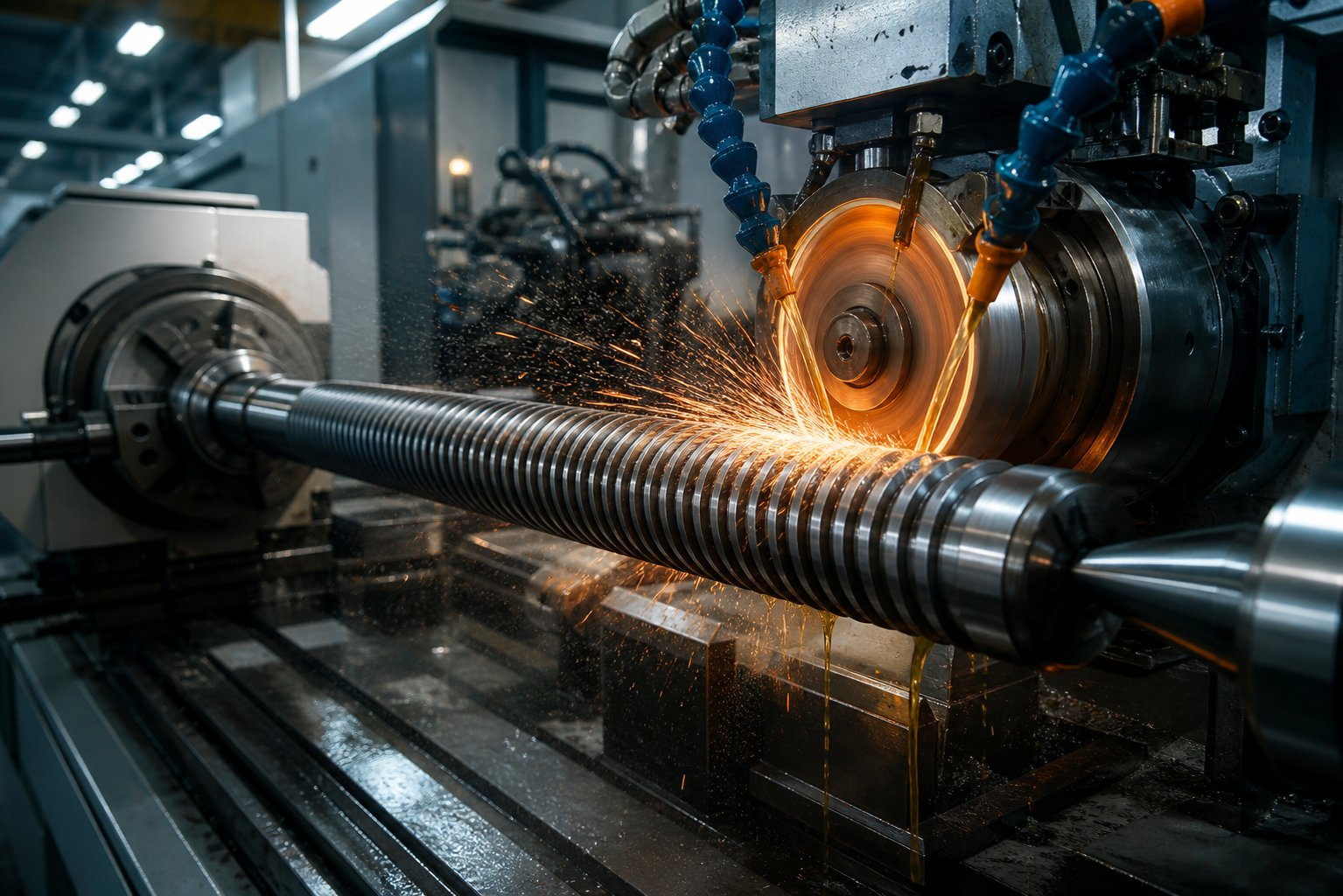 cnc thread grinding a planetary roller screw shaft to achieve micrometre level thread profile accuracy