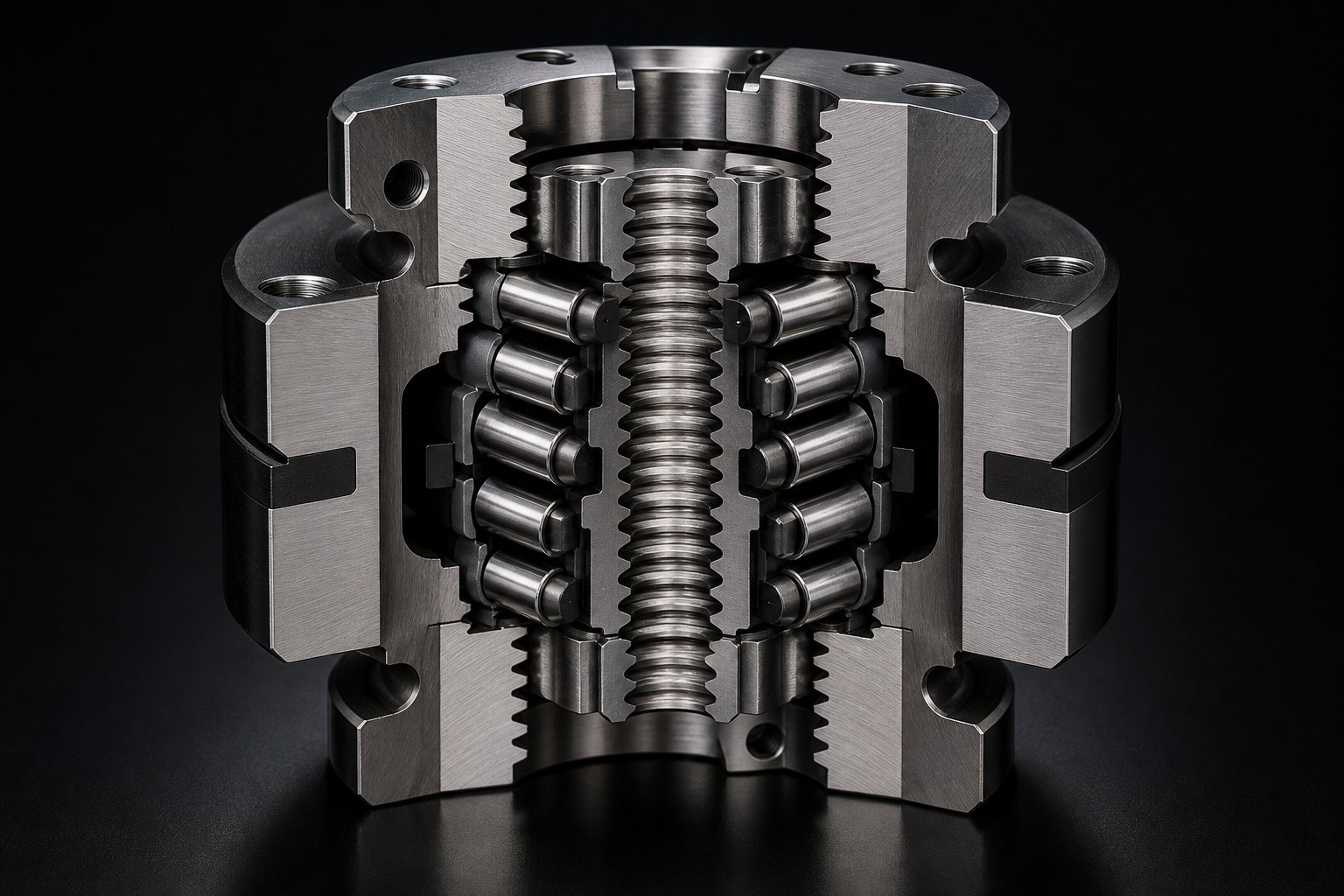 cross section of a planetary roller screw nut showing precision ground internal thread geometry
