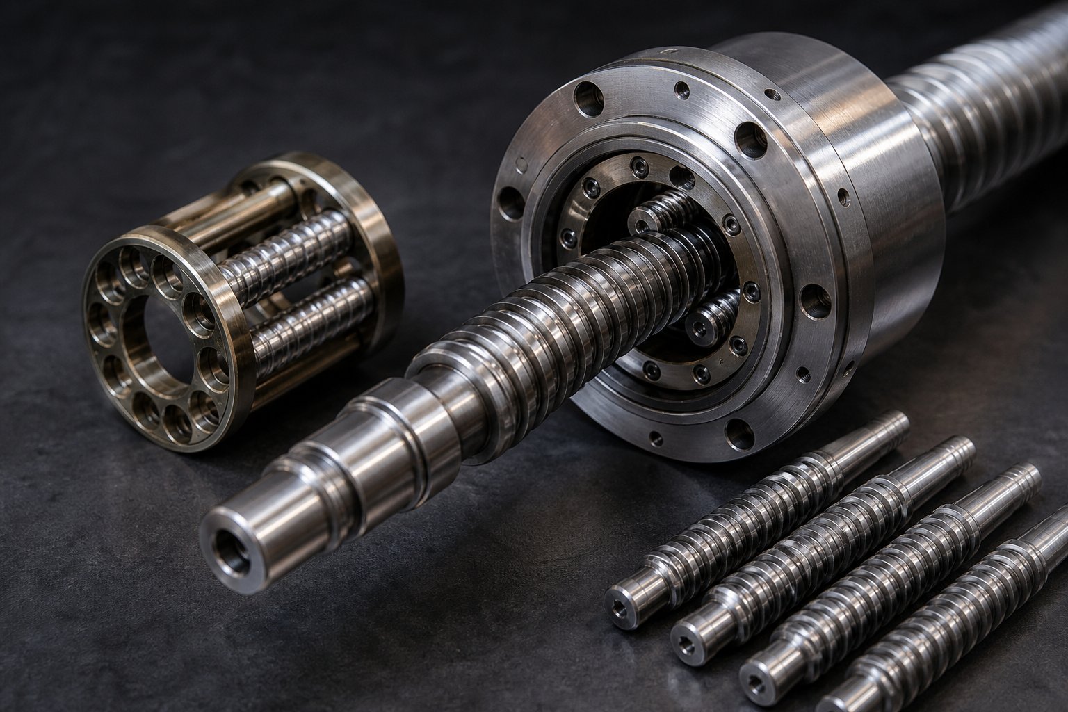 disassembled planetary roller screw showing the screw shaft threaded rollers carrier cage and precision nut