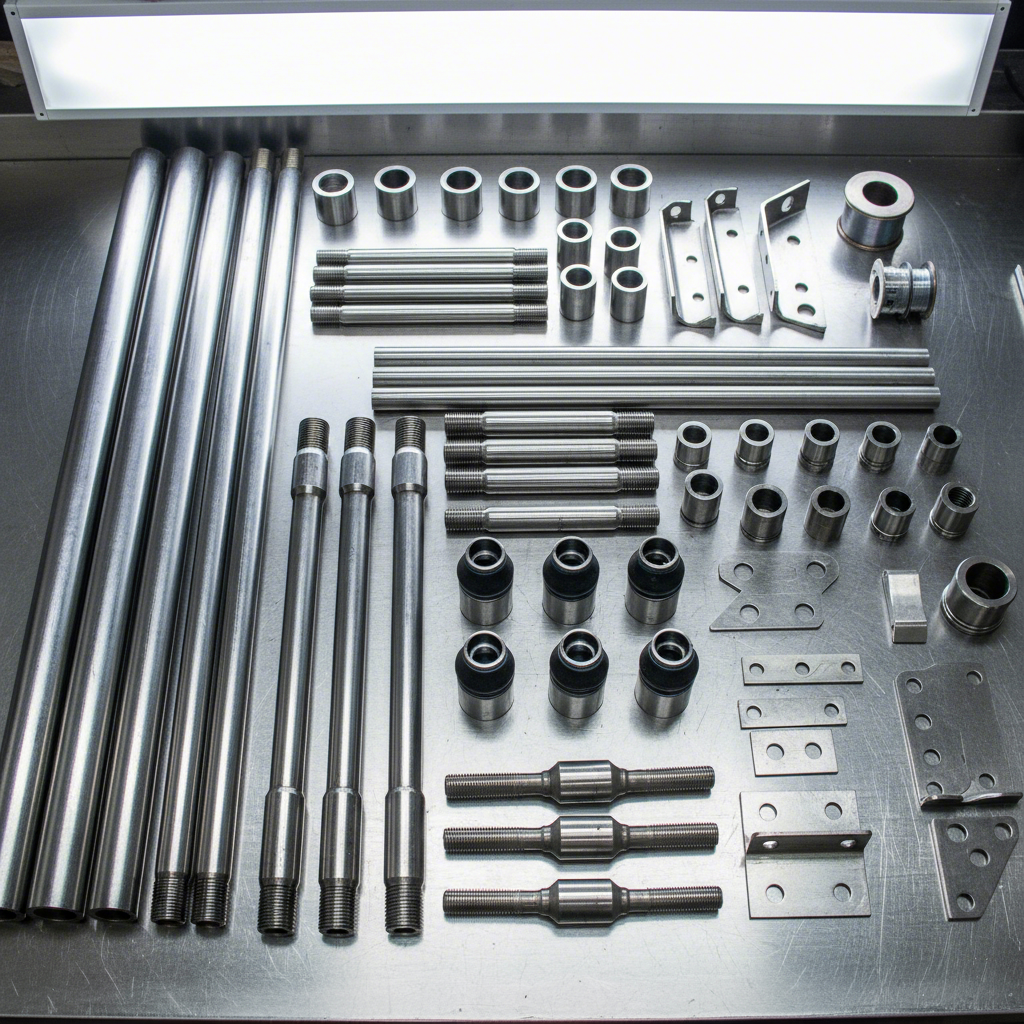 an organized flat lay of essential control arm fabrication components
