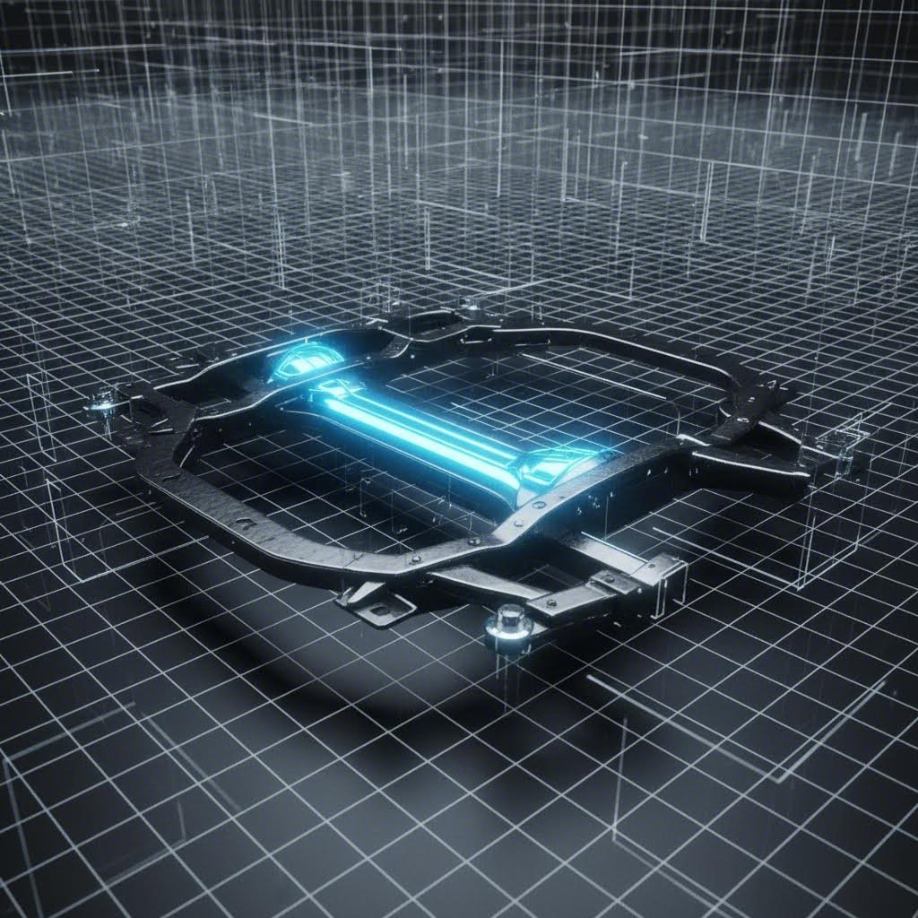 Abstract digital representation of an automotive chassis highlighting the structural cross member