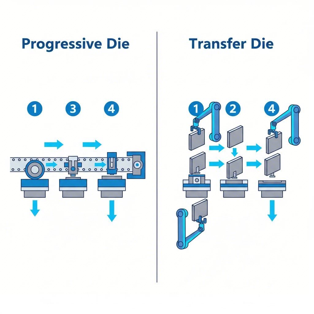 Technical diagram comparing progressive die strip feeding versus transfer die part manipulation
