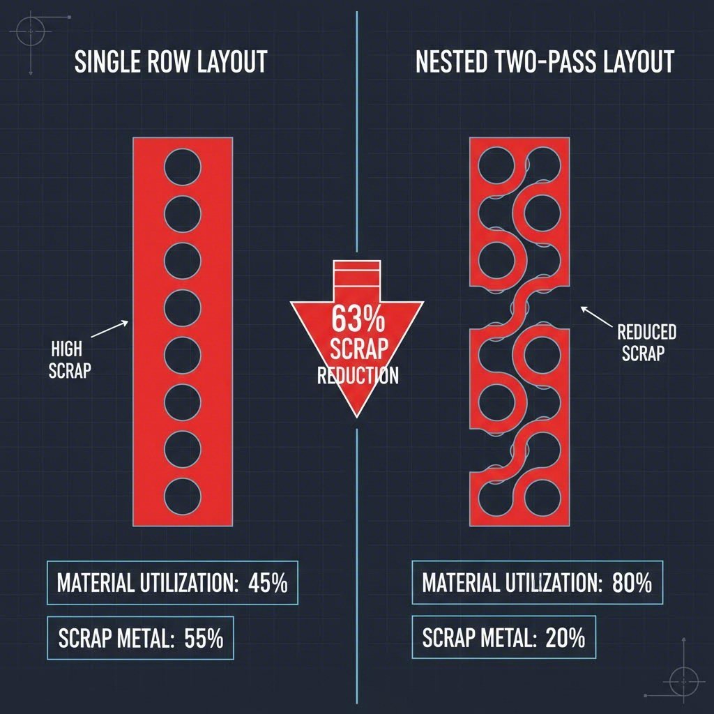 Comparison of single row vs nested strip layouts for material efficiency