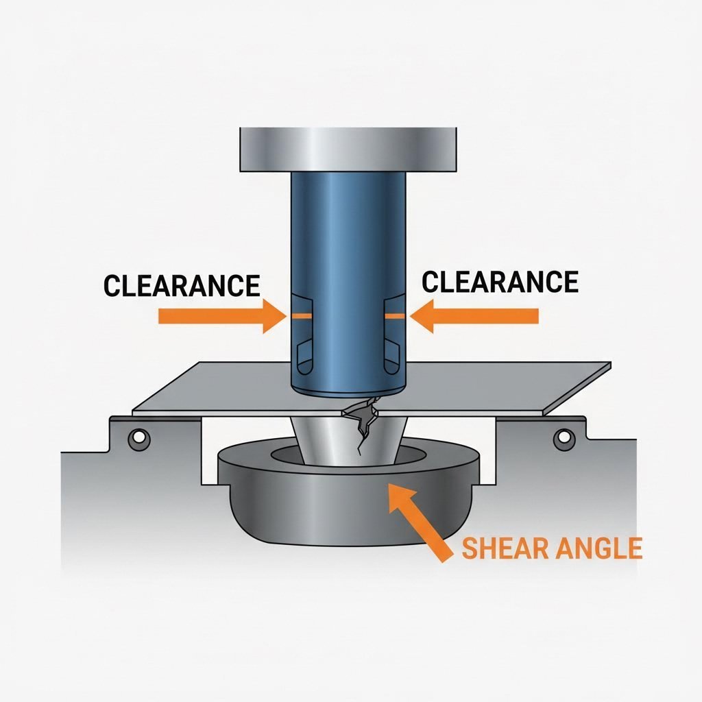 Cross section of punch and die interaction showing clearance and shear mechanics