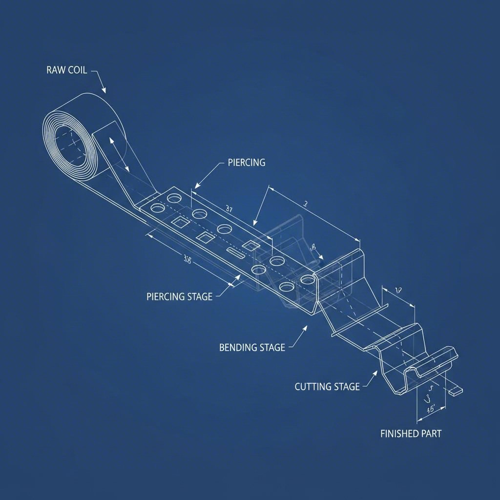 Progressive die strip layout showing sequential forming of an automotive bracket