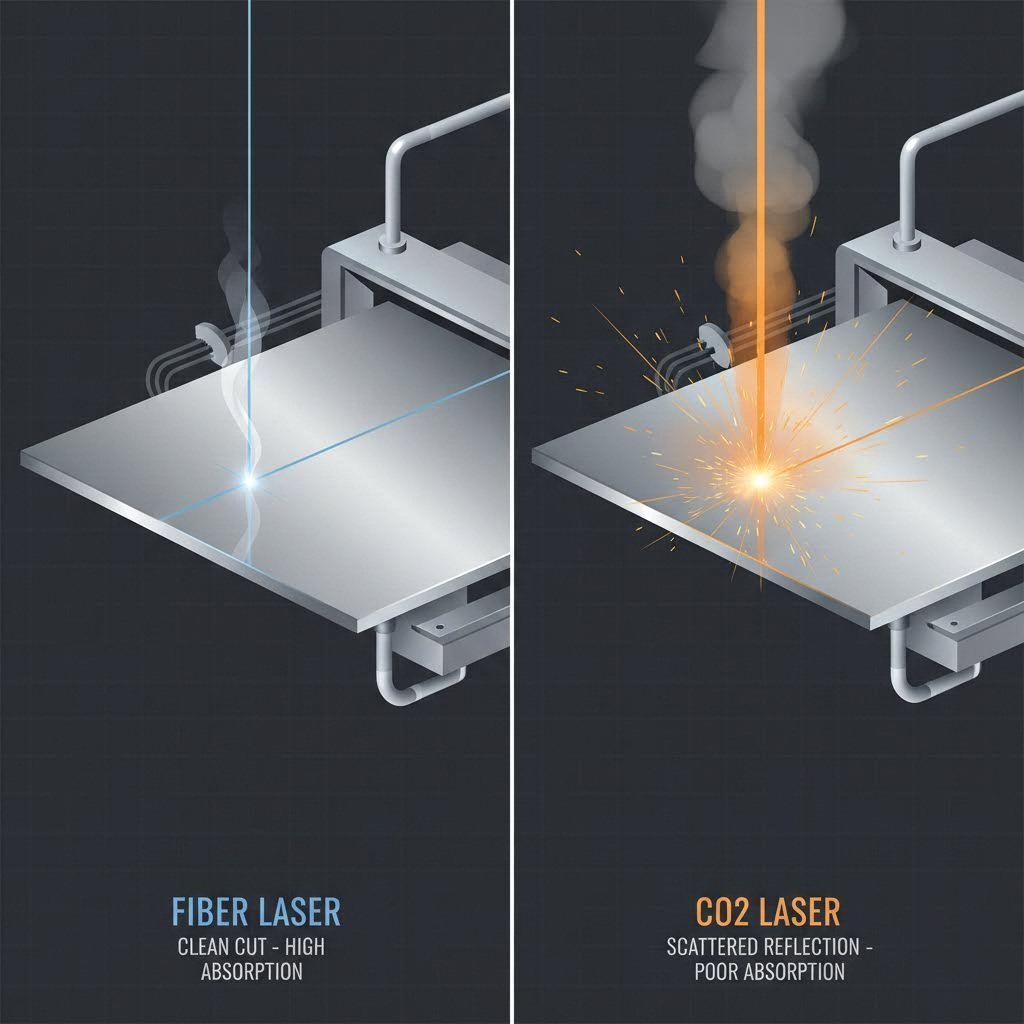 fiber laser versus co2 laser beam interaction with reflective aluminum surface