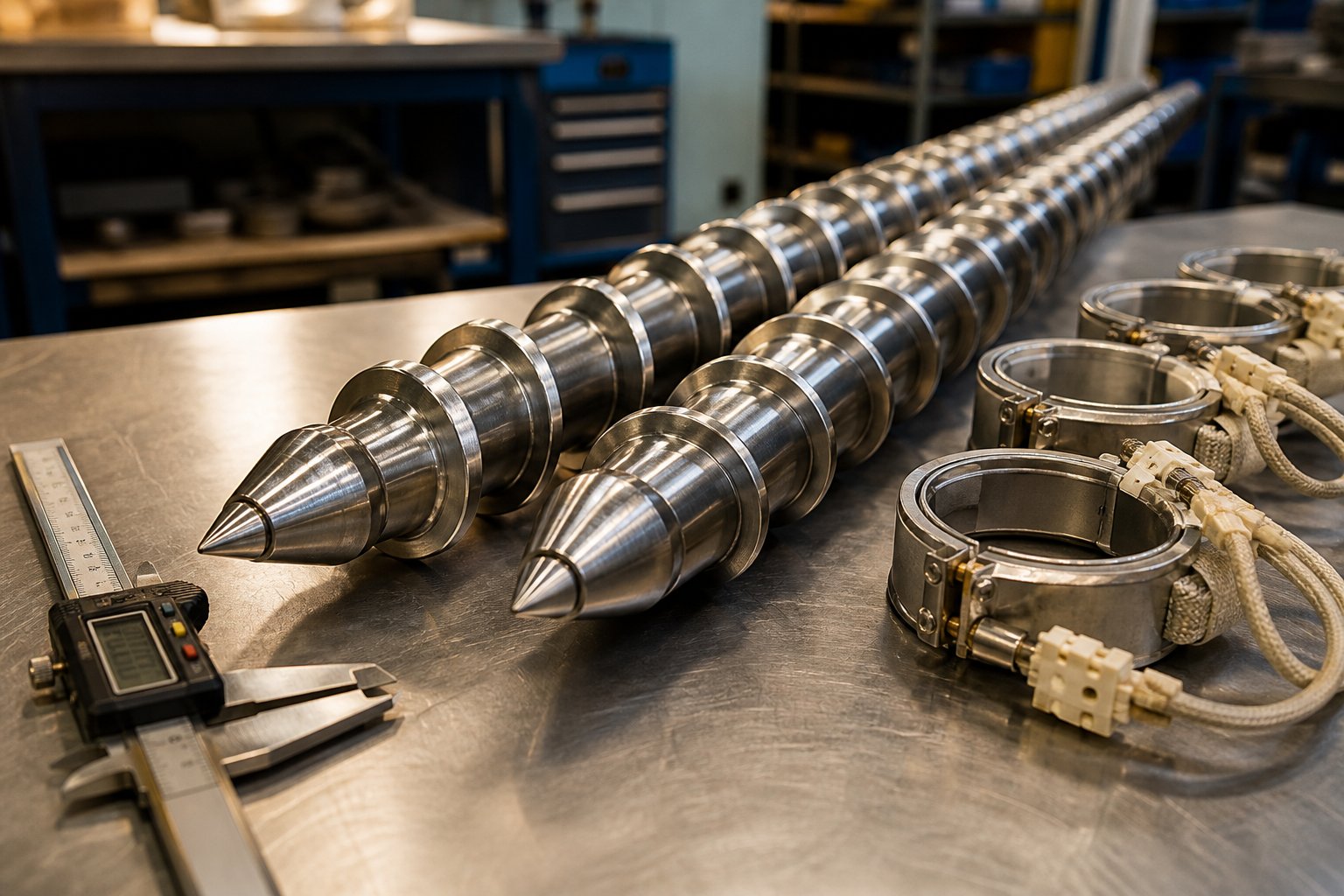 conical twin screw barrel set and maintenance tools on a workshop bench representing proactive spare parts planning for extruder upkeep