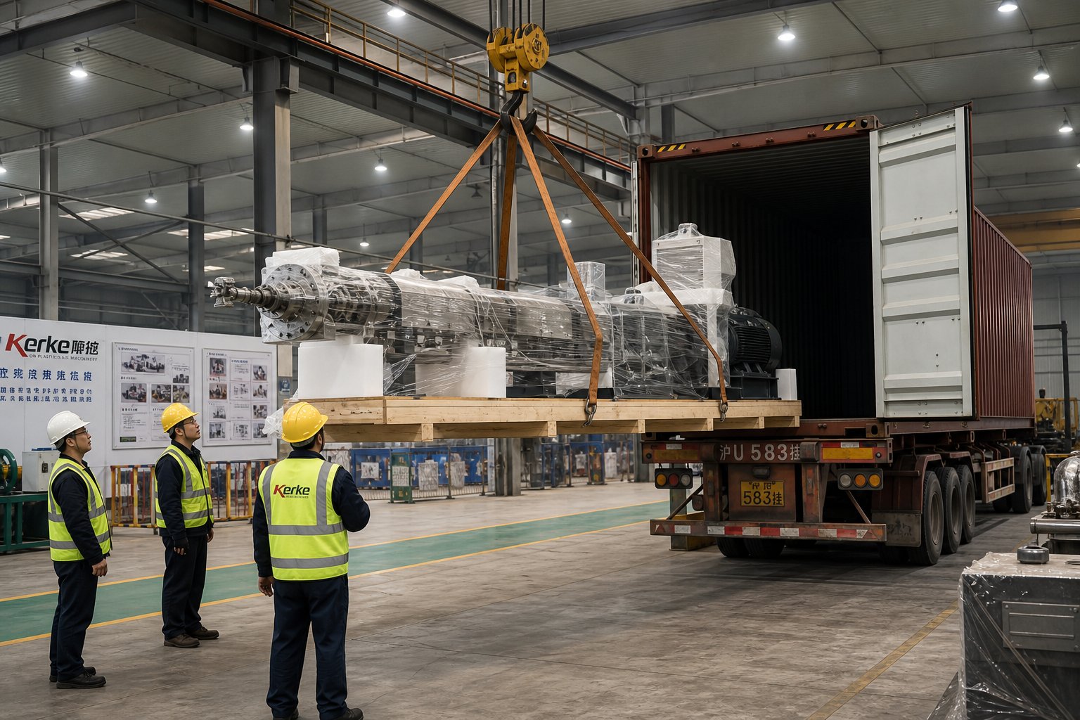 conical twin screw extruder prepared for international shipment illustrating the logistics stage of the procurement process