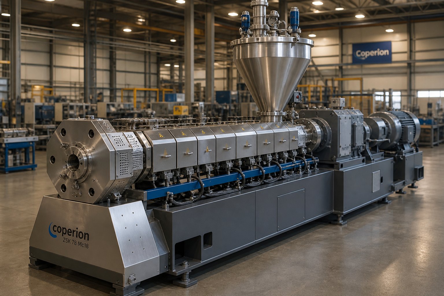 industrial conical twin screw extruder on a factory floor highlighting the tapered barrel and feeding hopper used in pvc processing