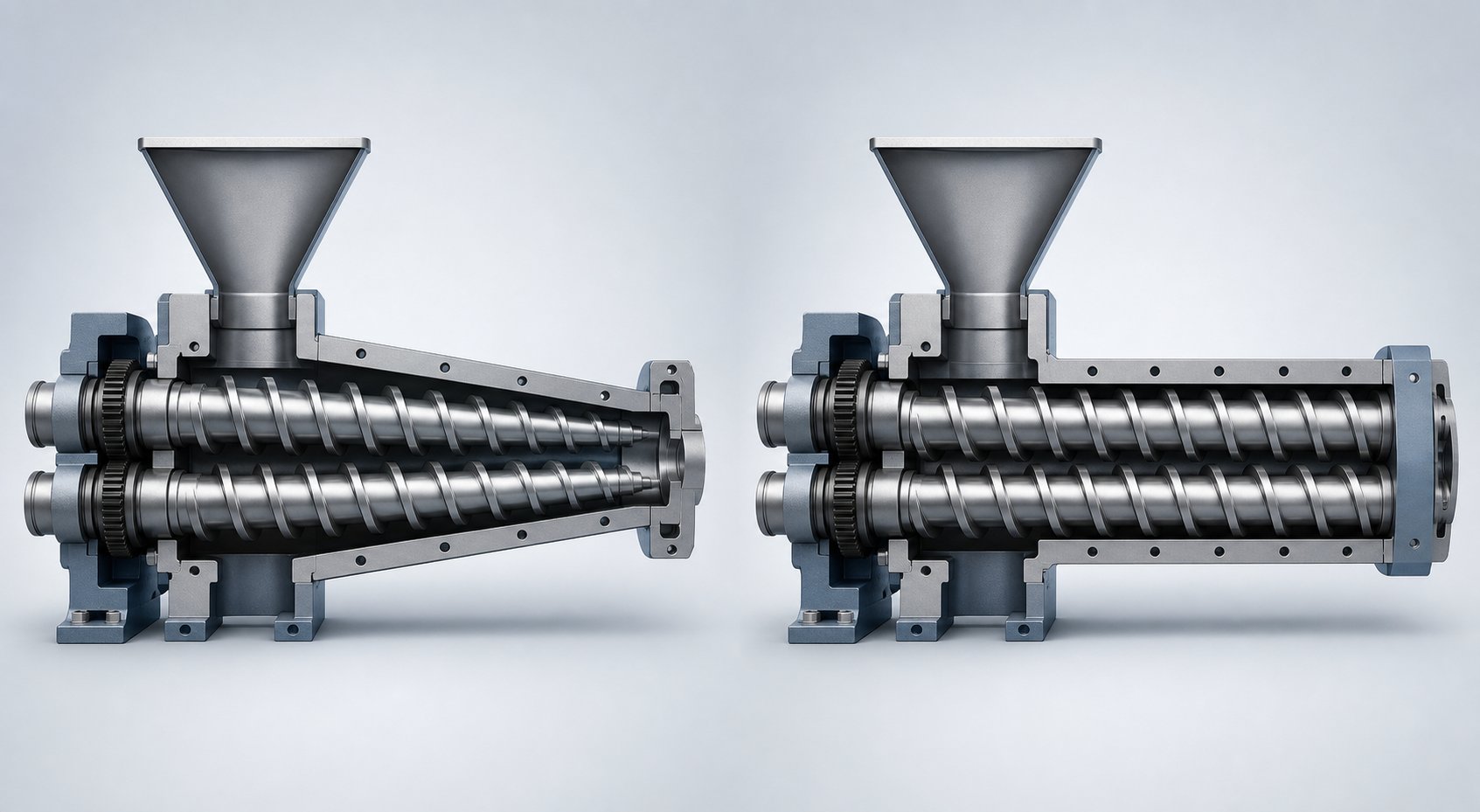 side by side cutaway view comparing conical tapered screws with parallel straight screws in twin screw extruder designs