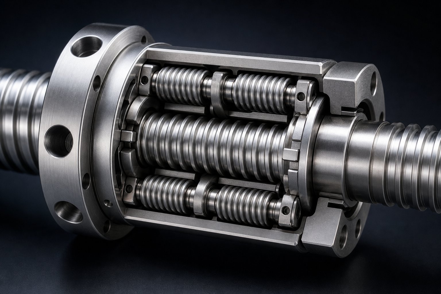 cutaway view of a planetary roller screw showing threaded rollers arranged around the central screw shaft inside the nut housing