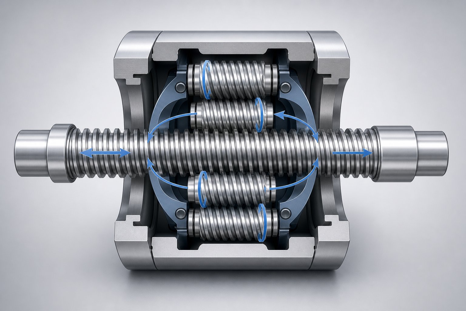 planetary roller screw mechanism showing rollers spinning on their axes while orbiting the central screw shaft
