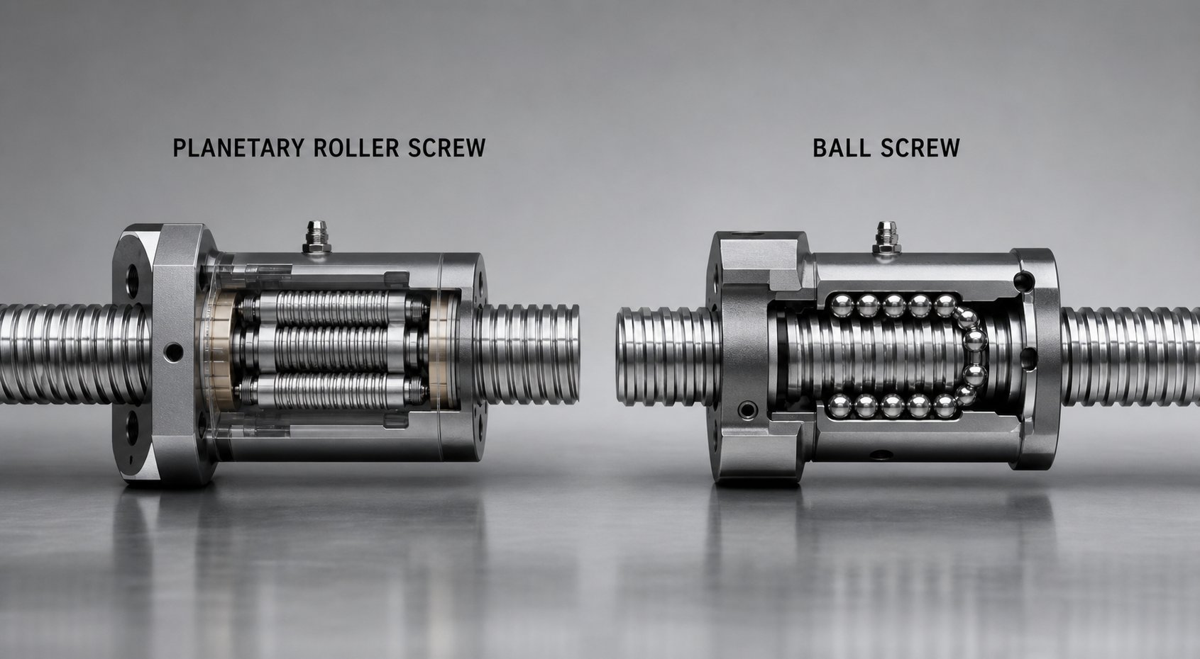 side by side comparison of a planetary roller screw and a ball screw highlighting structural differences