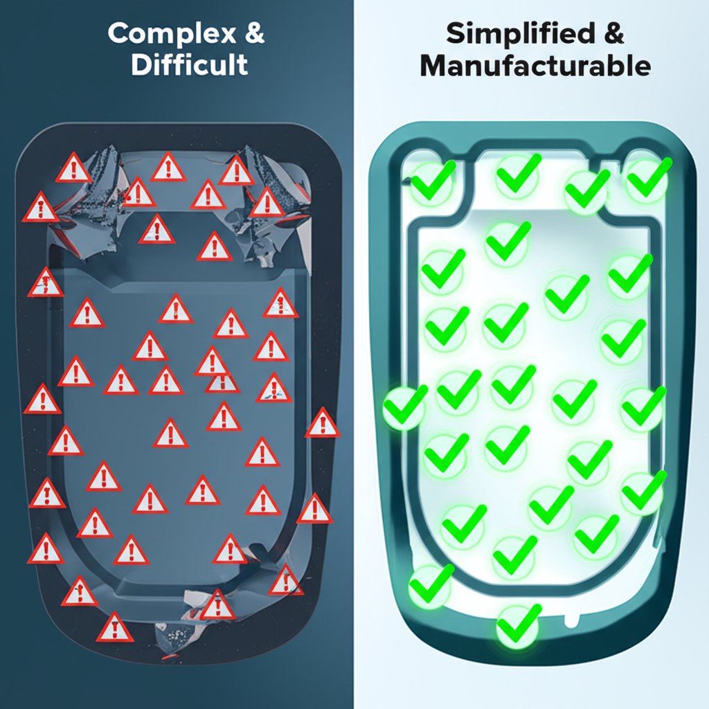 a visual comparison of a complex part versus a simplified part optimized for design for manufacturability