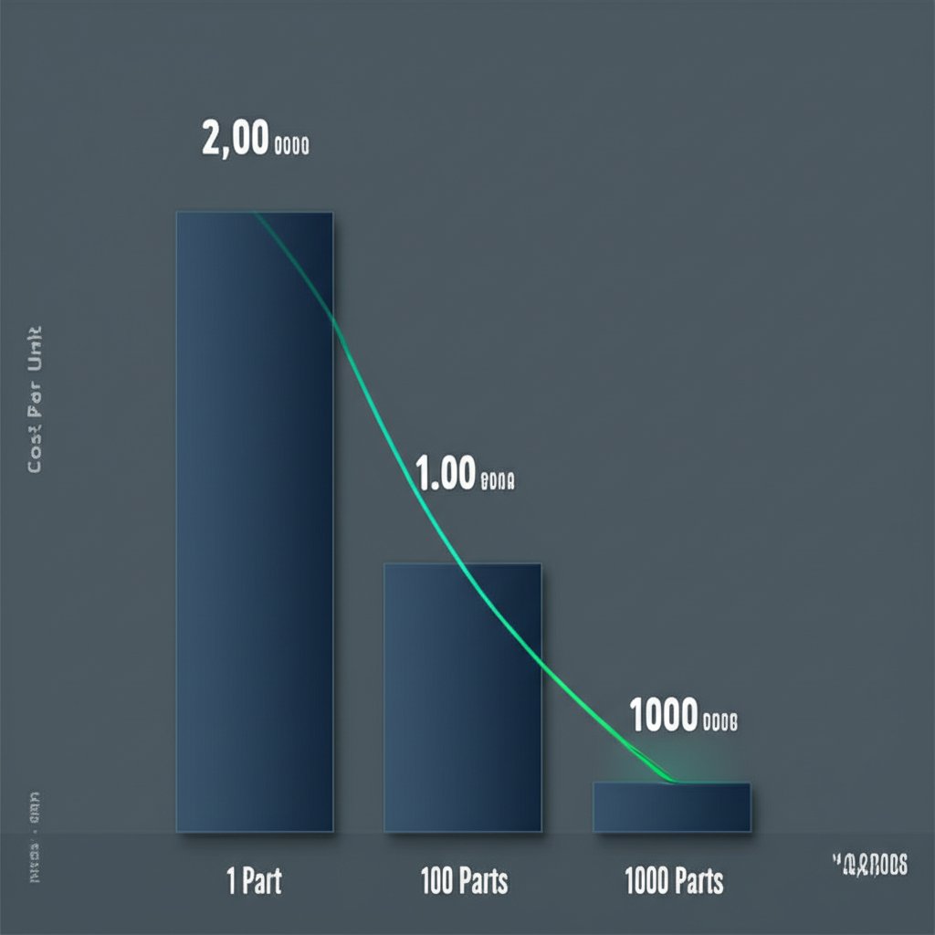 infographic showing how cost per unit decreases as production quantity increases in cnc machining