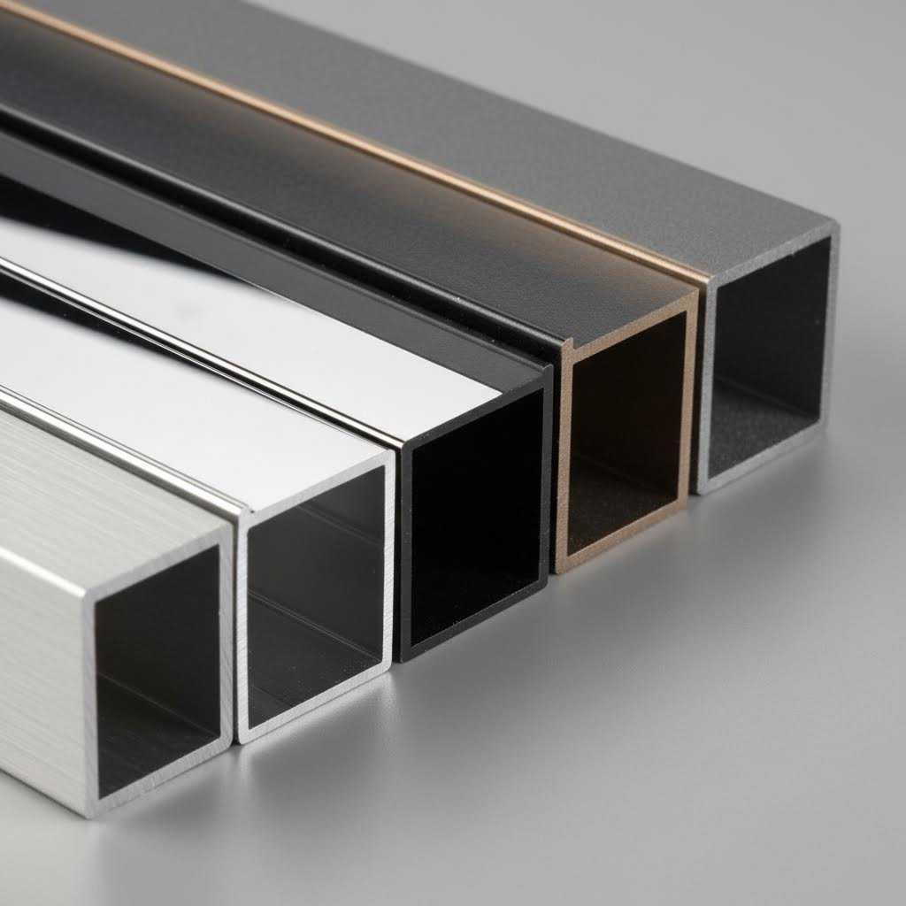 aluminum corner profiles displaying various surface finish options from brushed to anodized