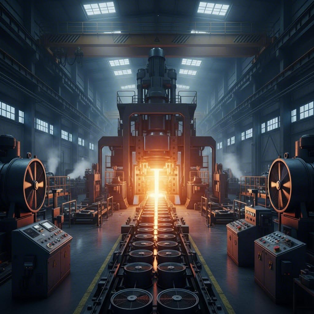 aluminum extrusion manufacturing process with heated billet passing through precision die