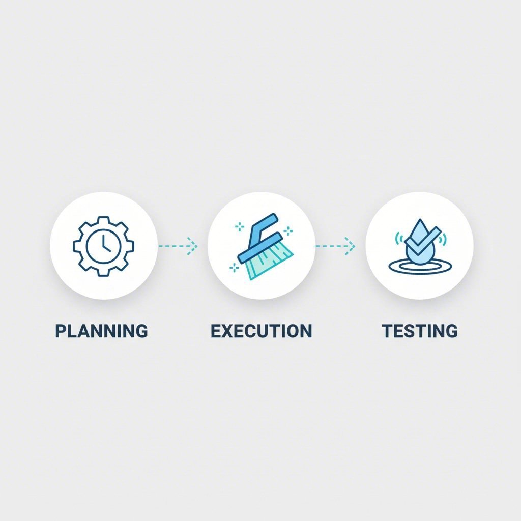 A minimalist process diagram featuring geometric icons that represent preparation time and water resistance testing