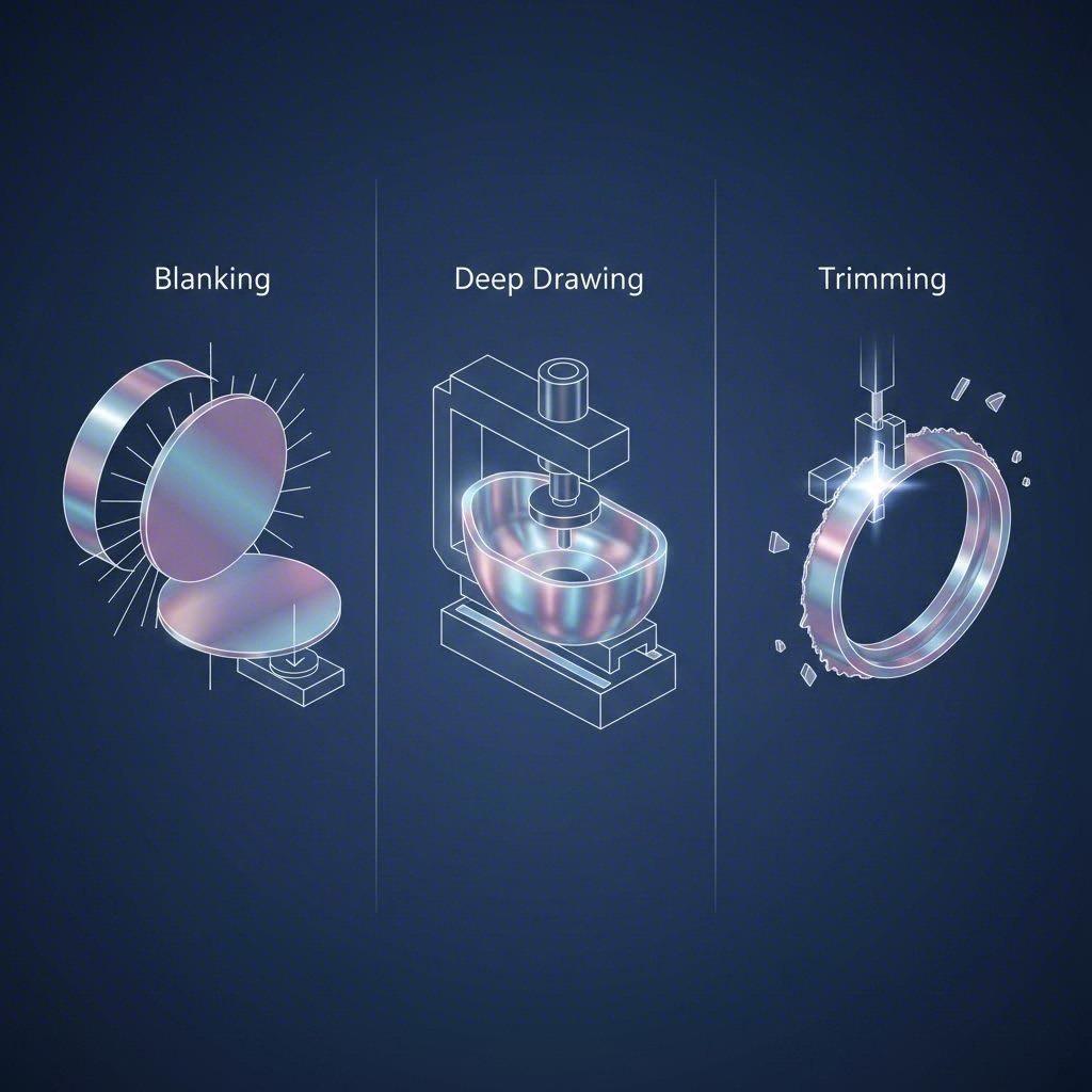 Stages of the deep drawing process for automotive wheel houses