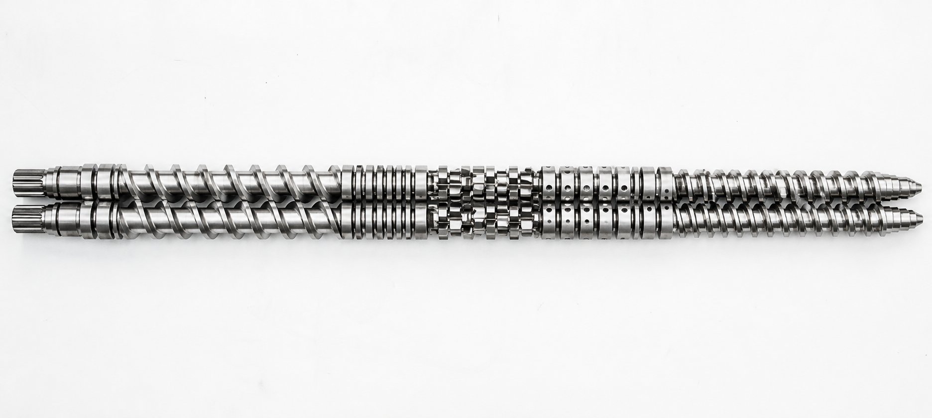 complete twin screw extruder screw profile assembled zone by zone from feed to discharge