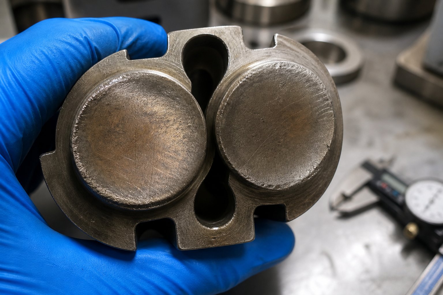 worn kneading block element showing abrasive wear on disc tips during maintenance inspection