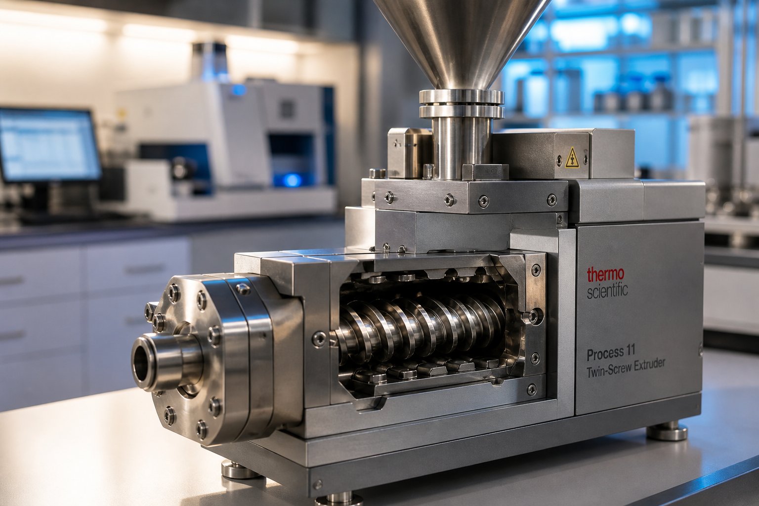 a lab twin screw extruder with intermeshing screws designed for precision research and small batch formulation development