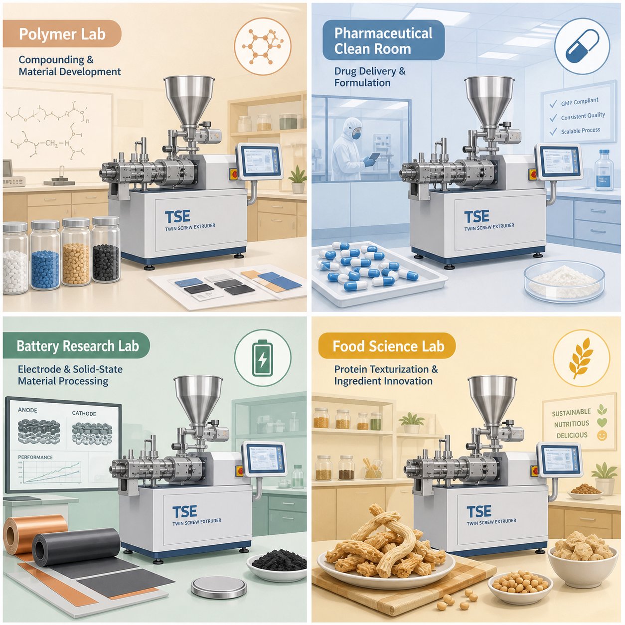 lab twin screw extruders serve diverse research fields from polymer compounding to pharmaceutical and food science