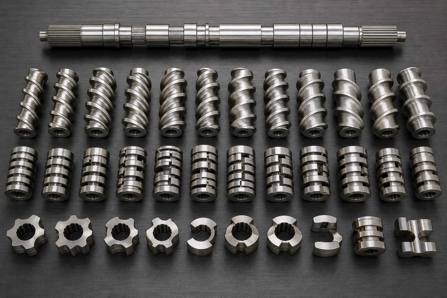 modular screw elements including conveying flights kneading blocks and reverse elements ready for custom configuration