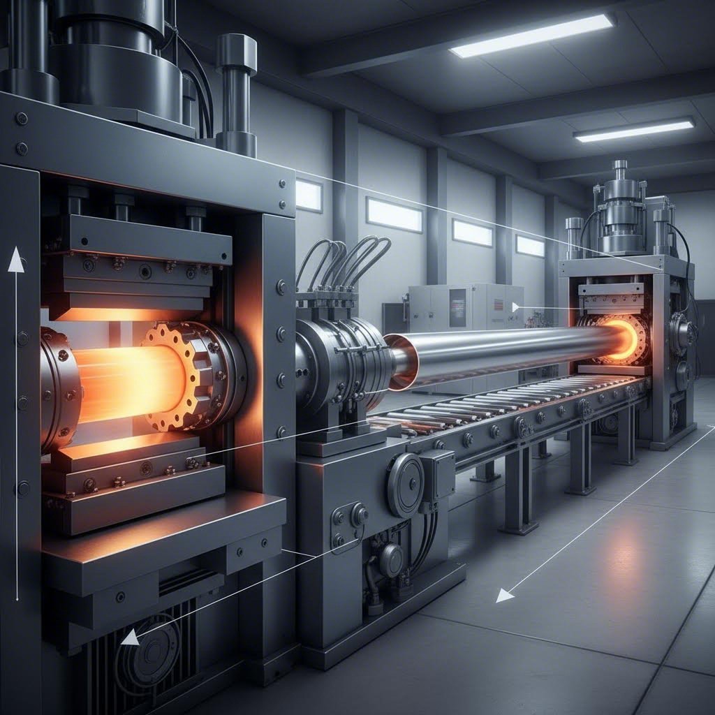 aluminum extrusion process showing heated metal flowing through precision dies