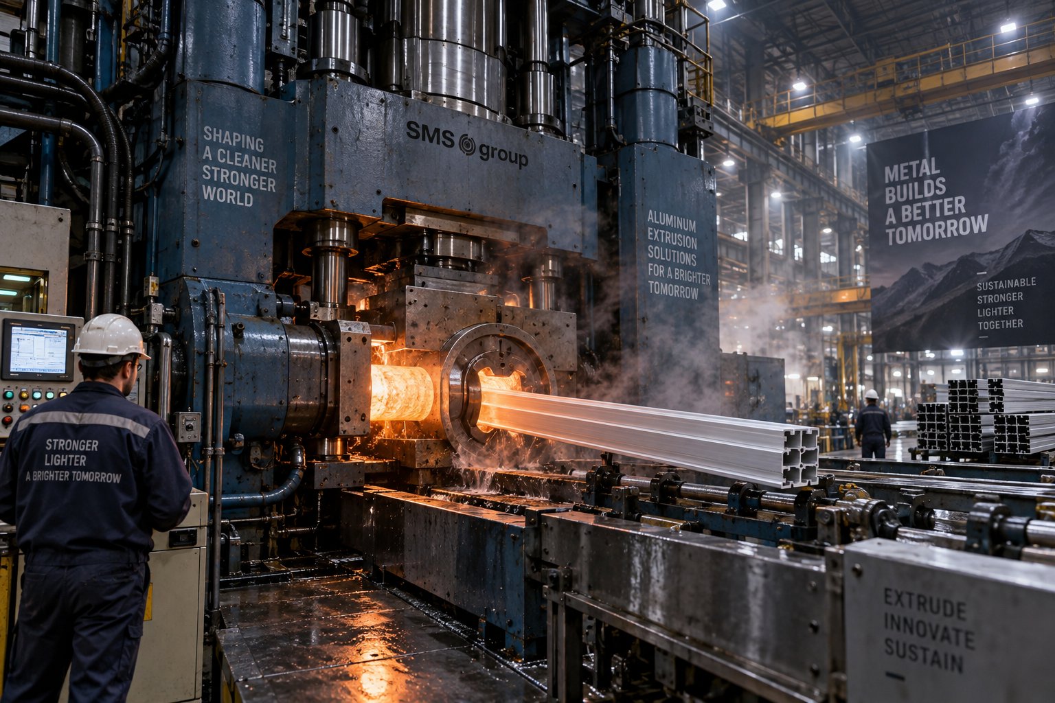 large scale aluminum extrusion press transforming heated billets into precision profiles
