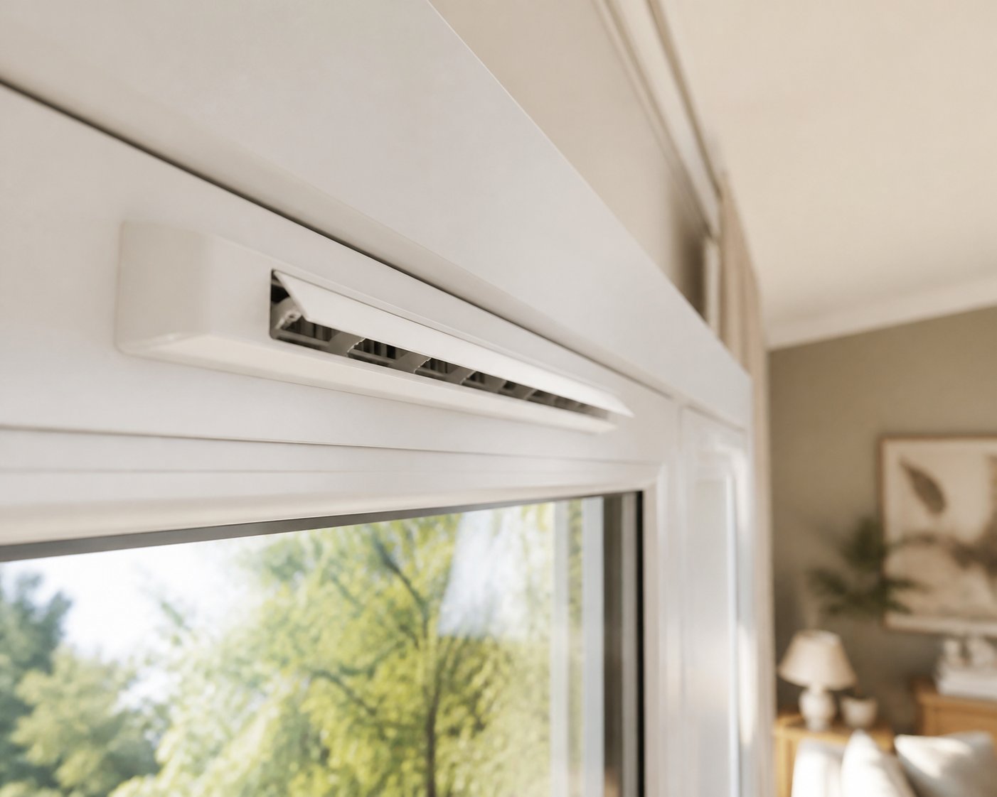 a window trickle vent installed at the frame head provides controlled background ventilation without opening the window
