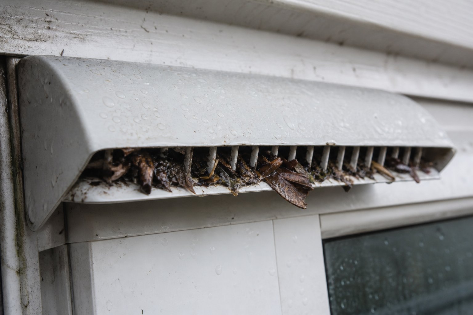 blocked drainage channels on an external trickle vent canopy are a common cause of water ingress after storms