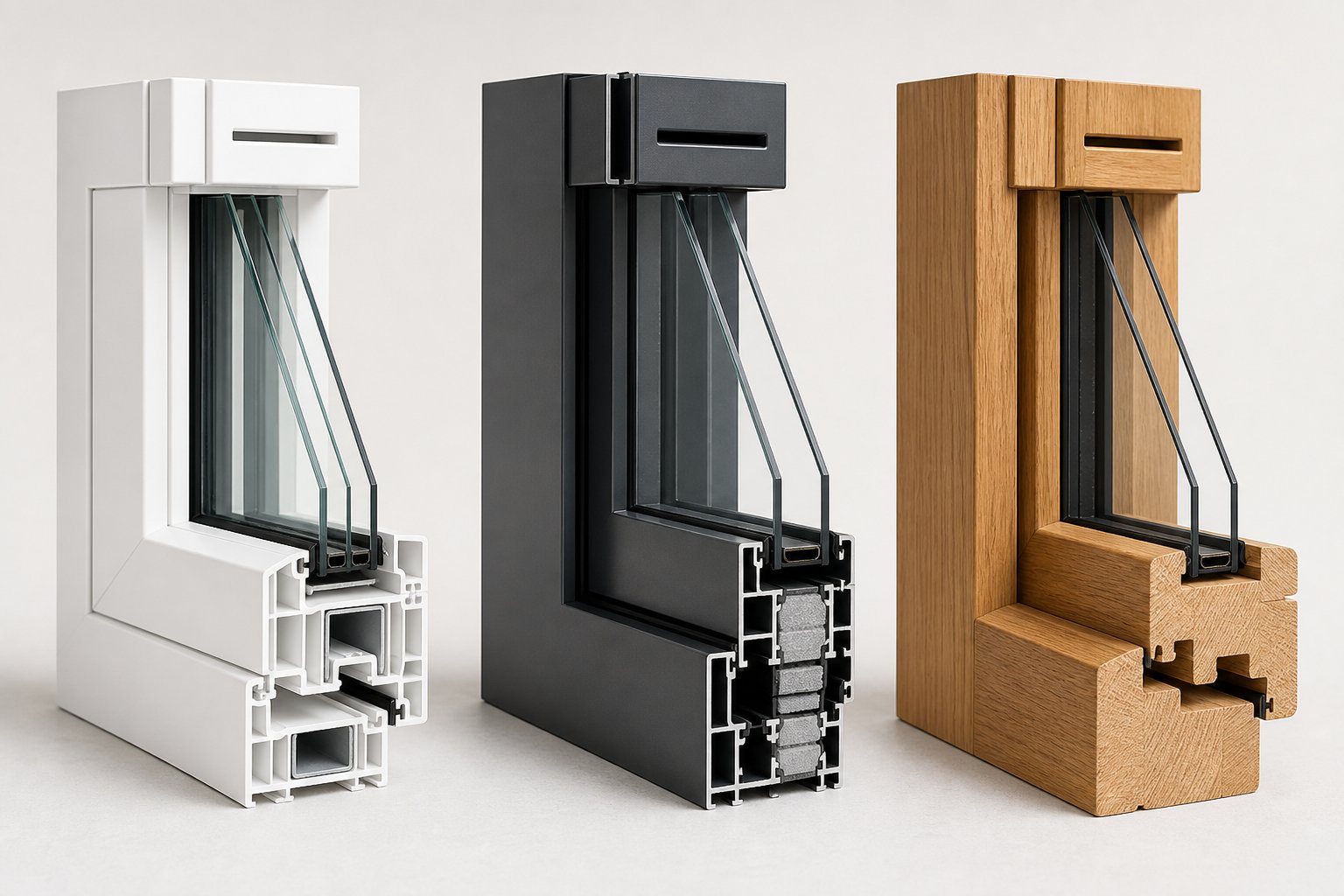 cross sections of upvc aluminium and timber frames showing how trickle vent integration differs by material