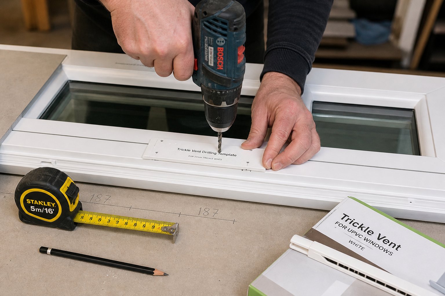 retrofitting a trickle vent involves drilling through the window frame head using a manufacturer template for precision