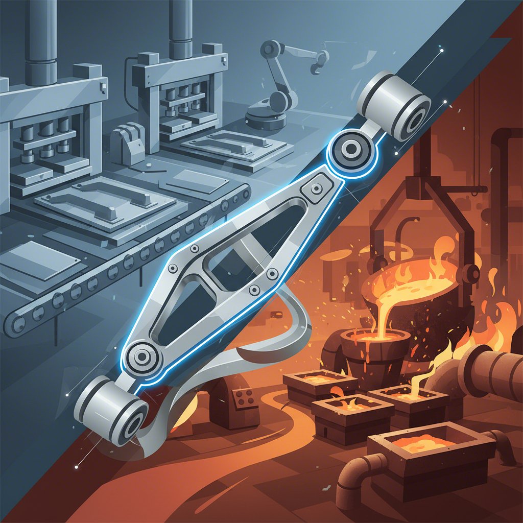 conceptual art showing the manufacturing differences between stamped and cast vehicle control arms