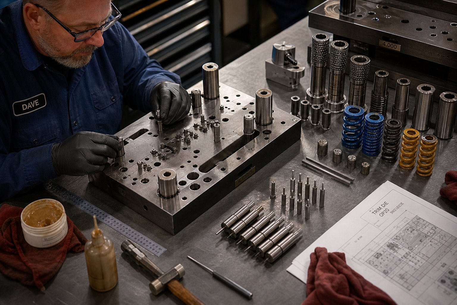 info-1-1 die maker performing preventive maintenance with worn and replacement stamping die components organized on the workbench