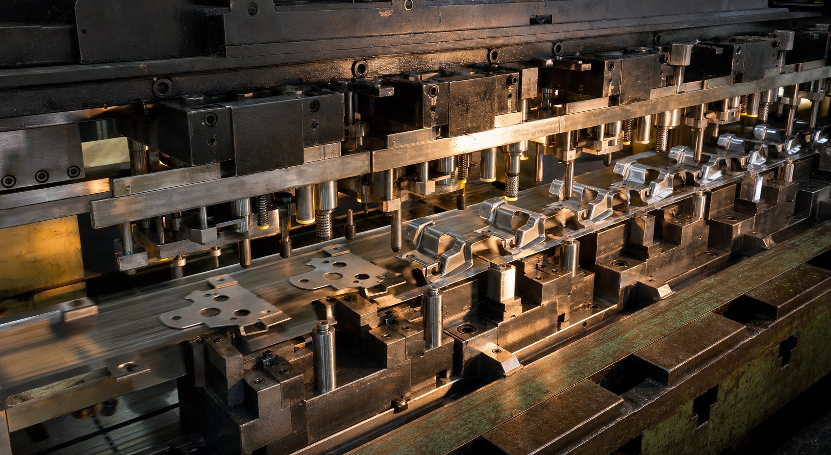 info-1-1 progressive stamping die processing a metal strip through multiple forming stations in sequence