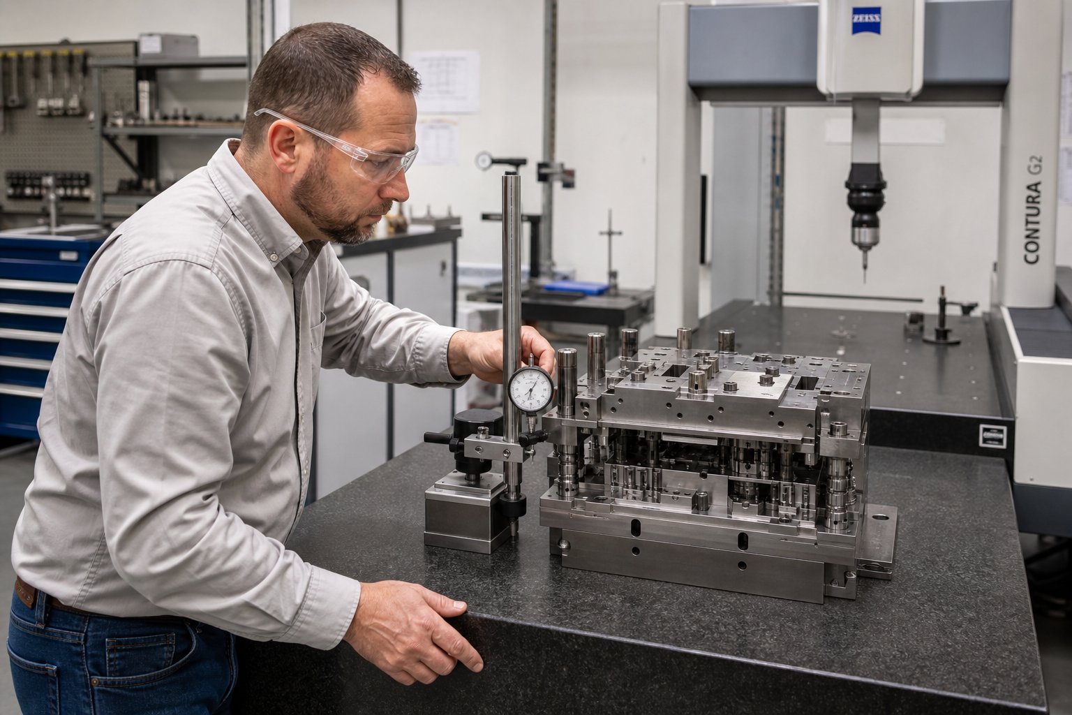 info-1-1 tooling engineer inspecting stamping die alignment during supplier capability evaluation