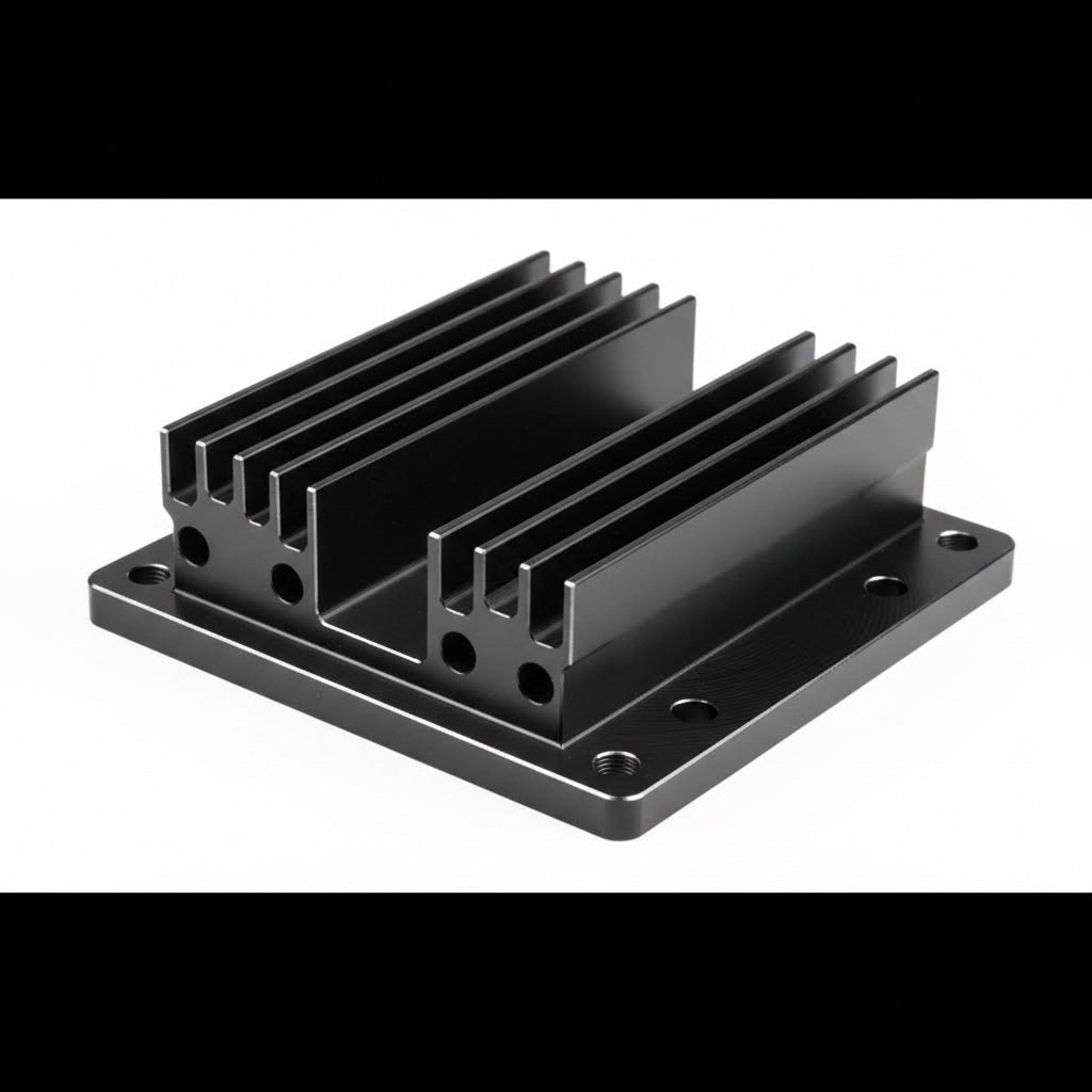 black anodized heat sink with cnc machined mounting features ready for assembly