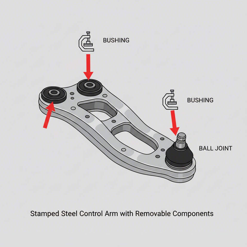 diagram highlighting the bushings and ball joint that must be removed from a control arm before powder coating