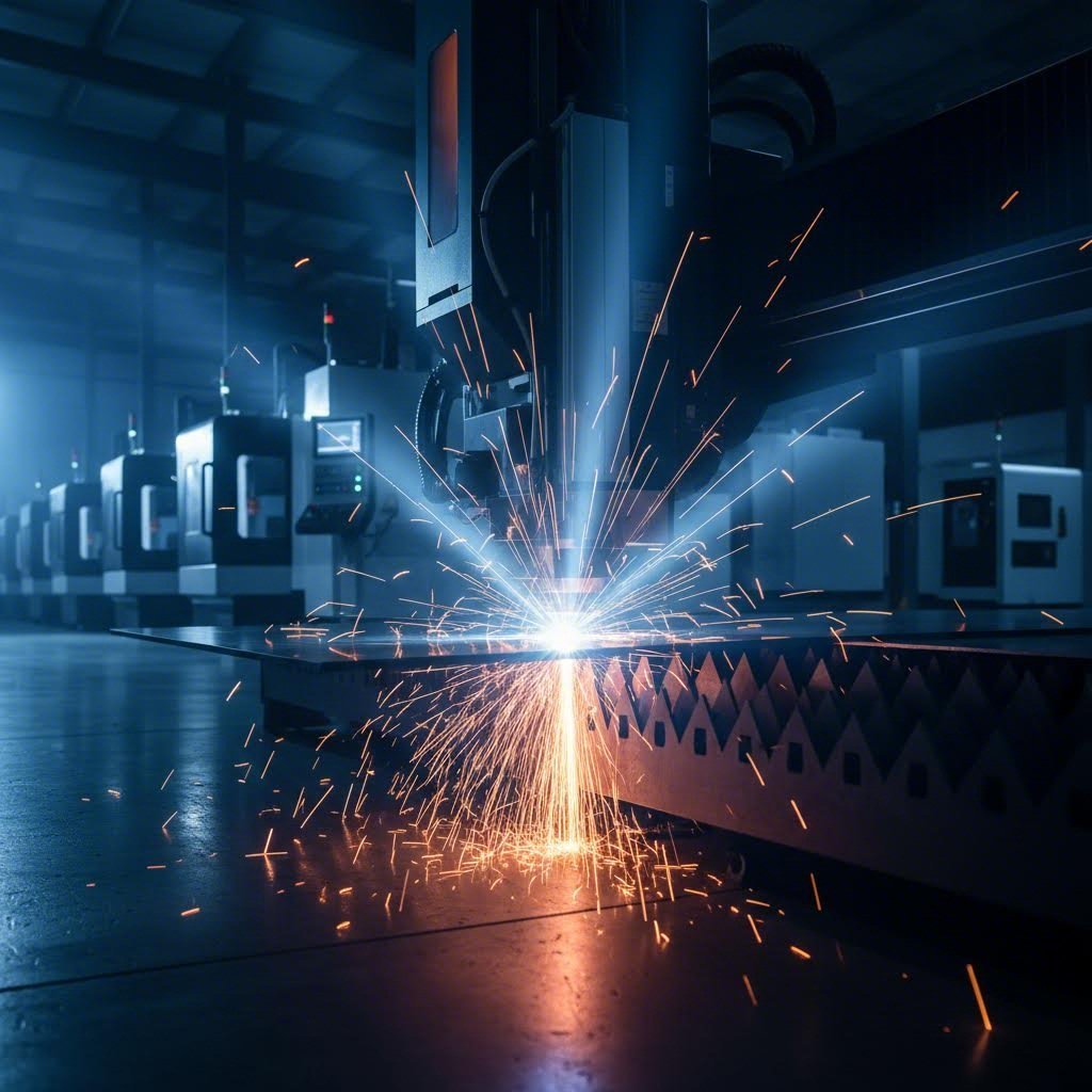 precision fiber laser cutting through metal with sparks flying in a modern manufacturing facility