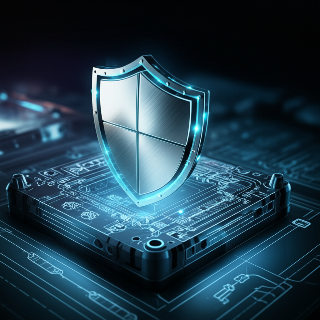 conceptual illustration of a shield protecting a tool blueprint representing ip security in in house tooling