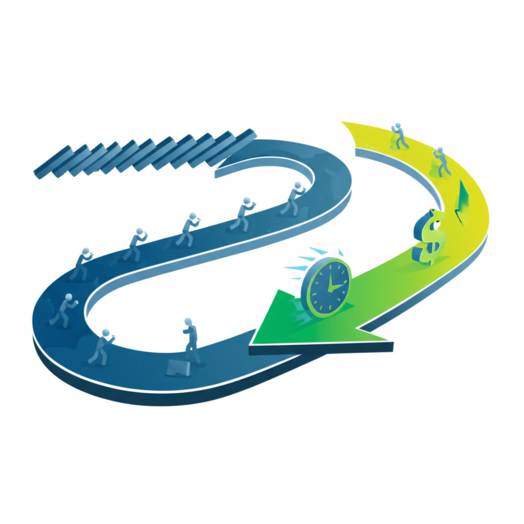 infographic comparing the efficiency of in house manufacturing versus outsourcing showing time and cost benefits