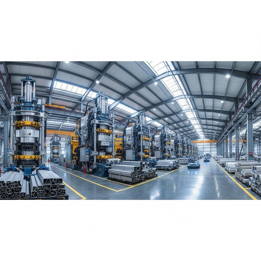 state of the art aluminum extrusion facility with multiple press capacities for diverse production needs